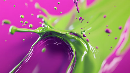 A vibrant 3D splash of neon green and bright magenta, with energetic, fluid shapes bursting outward, creating a high-impact and dynamic abstract background with vivid colors.の素材