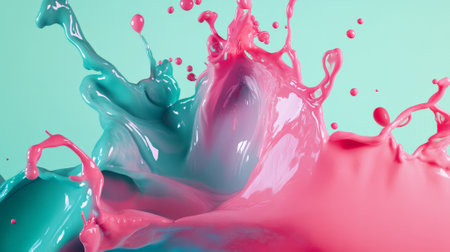 An abstract 3D splash of vibrant pink and bold teal, with energetic, fluid shapes bursting outward, creating a lively and colorful background with smooth transitions.の素材