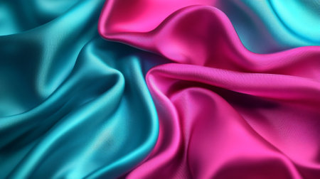 An abstract background with silky fabric in vibrant hues of fuchsia and turquoise, folding and ripping with soft shadows and highlights.の素材