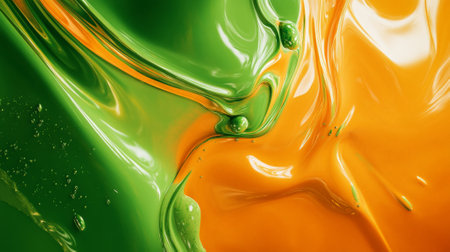 Bold fluid shapes in neon green and orange swirl around the frame, creating a lively, dynamic abstract composition with smooth, flowing transitions.の素材
