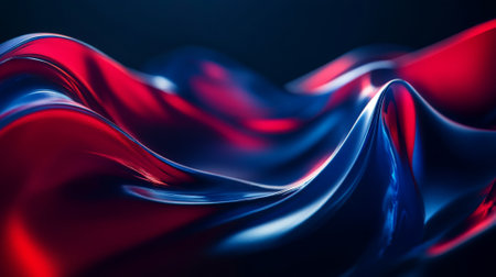 Fluid 3D waves in bold red and blue contrasts, ripping across a dark background with smooth, flowing shapes and intricate light reflections creating a dynamic composition.の素材