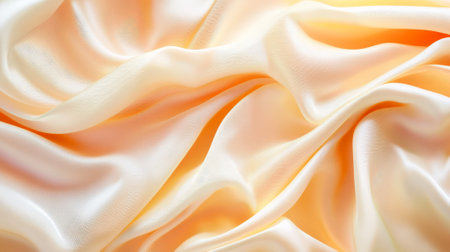 Fluid waves of silk in pastel tones of peach and light yellow, creating an abstract, flowing background with gentle folds and soft shadows.の素材