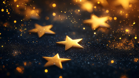 Golden glowing stars scattered against a dark background, with soft ambient light creating a celestial, magical atmosphere.の素材