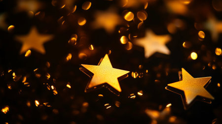 Glowing golden stars scattered across a pitch-black background, with soft ambient light creating a celestial, serene vibe.の素材