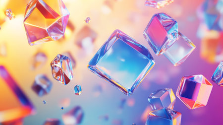 Floating prisms scatter bright, vivid colors across a smooth gradient background, with vibrant blues, reds, and purples creating a sharp contrast against the light backdrop.の素材