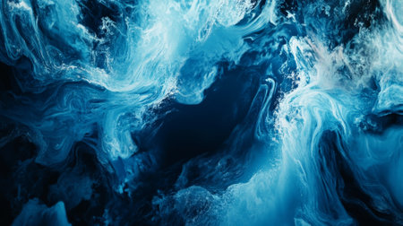 Cool fluid gradients of blue and silver form a flowing frame around a dark center, with organic shapes creating depth and movement in an abstract design.の素材