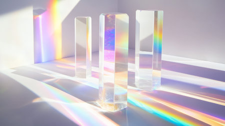 Floating crystalline prisms refract beams of light into a spectrum of color, casting vibrant rainbow shadows across a stark, white minimalist background.の素材