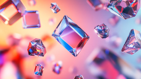 Floating prisms scatter bright, vivid colors across a smooth gradient background, with vibrant blues, reds, and purples creating a sharp contrast against the light backdrop.の素材