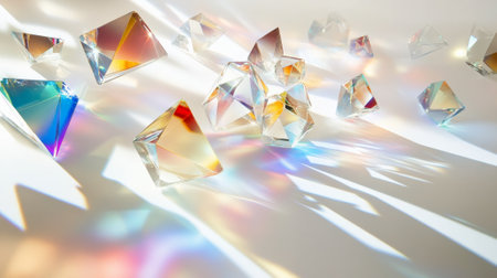 Floating glass prisms refract a rainbow of colors in abstract shapes, casting radiant hues of blue, red, and yellow across a modern, minimalistic white background.の素材