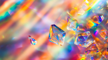 Floating crystalline prisms refract beams of light into vibrant rainbow hues, casting intricate, colorful patterns on a soft, gradient background.の素材