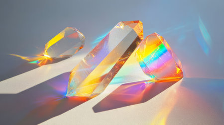 Floating crystalline prisms refract beams of light into a spectrum of color, casting vibrant rainbow shadows across a stark, white minimalist background.の素材