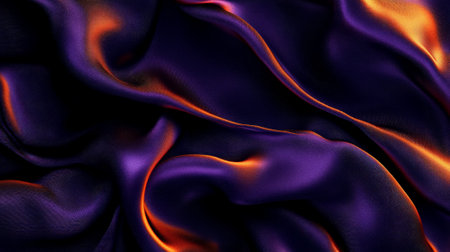 Luxurious silk fabric in deep purple and bronze, folding and curving in abstract waves, creating an elegant and dynamic background.の素材