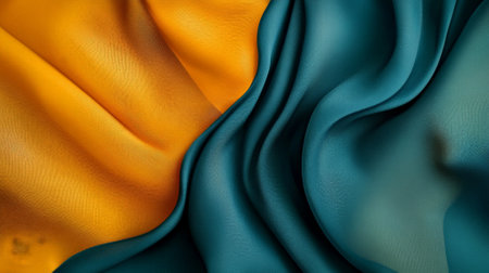 Silky smooth fabric in shades of deep teal and golden yellow, folding and curving to create an abstract background with soft textures.の素材