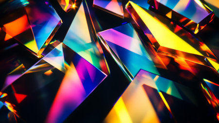 Sharp, angular prisms reflect vivid beams of light, breaking into vibrant spectrums of color from yellow to violet, casting dynamic shadows on a black background.の素材