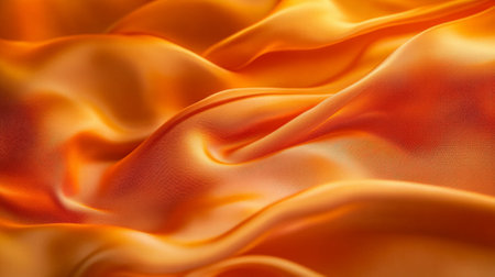 Smooth waves of silk in shades of deep orange and gold, creating an abstract background with rich, fluid textures and soft highlights.の素材