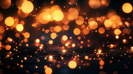 Soft glowing golden lights scattered across a dark background, creating a warm, magical atmosphere with gentle reflections.の素材