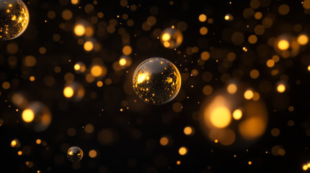 Small glowing golden light orbs floating against a deep black background, creating a calm, peaceful atmosphere.の素材
