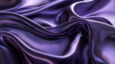 Silky smooth fabric in deep violet and rich silver, folding and swirling in an abstract pattern with soft reflections and glossy highlights.の素材