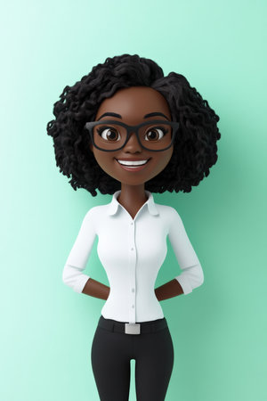 Middle-aged Black woman cartoon 3D character with glasses, smiling warmly, standing against a light green background, projecting confidence and warmth.の素材
