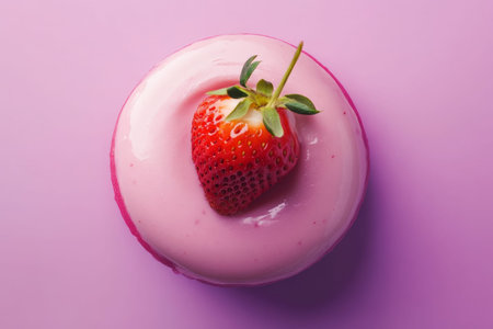 A top view of a strawberry mousse dessert, with a smooth, glossy surface and a fresh strawberry on top. The mousse sits on a vibrant purple background, creating a bold and luxurious look.の素材