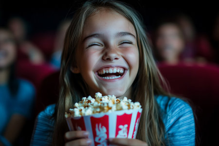 A Caucasian teenage girl, cheerful and lively, enjoying popcorn while laughing at a comedy movie in the cinema. Her bright smile and laughter fill the room.の素材