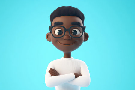 Smiling friendly cartoon 3D character of a young Black man with glasses, joyful expression, standing confidently against a soft blue background, showing warmth and happiness.の素材