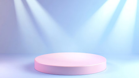 A sleek round podium with a soft pink surface, illuminated by soft blue and white spotlights. The background transitions from pastel blue to soft lavender, perfect for product mock-ups with a light, elegant atmosphere.の素材