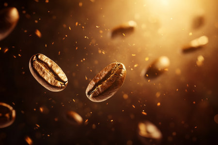 A close-up of several coffee beans flying in mid-air, each bean surrounded by a soft, golden light. The background is a dark, rich brown, making the beans look like they are floating in a warm, cozy space.の素材