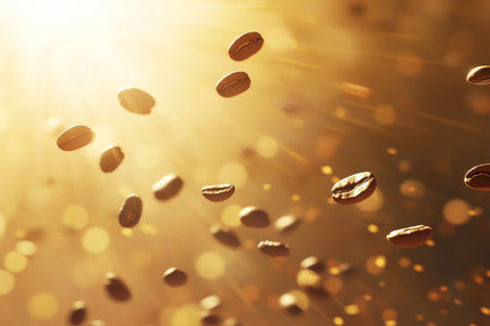 A group of coffee beans flying in formation, like a flock of birds migrating across a warm, golden sky. The beans are depicted with soft shadows and highlights, giving them a sense of depth and motion as they move together.の素材