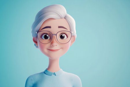 Senior Caucasian woman cartoon 3D character with glasses, gentle smile, standing against a soft pastel blue background, radiating kindness and calmness.の素材