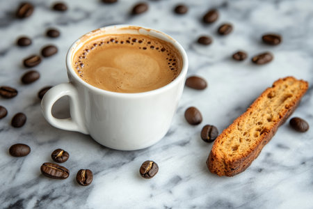 A classic Italian scene with a small cup of espresso and a biscotti on the side. The cup is placed on a marble surface, surrounded by coffee beans, creating a sophisticated, European cafÃÂ© vibe.の素材