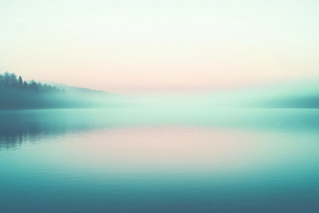 A serene lakeside scene with a gradient sky shifting from a soft lavender at the horizon to a deep, tranquil teal above. The lake reflects the gradient colors, creating a harmonious, calming effect.の素材