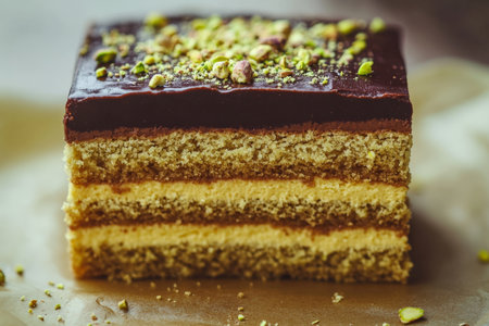 A detailed view of a pistachio opera cake, showing the precise layers of almond sponge, pistachio buttercream, and dark chocolate ganache. The top is finished with a glossy chocolate glaze and a scattering of crushed pistachios.の素材