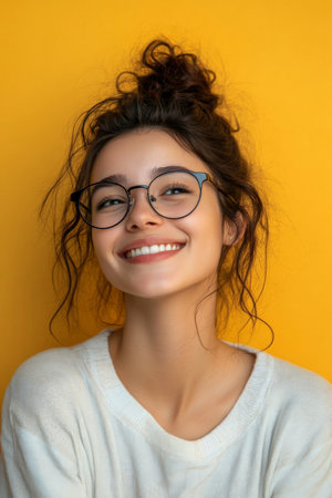Cheerful young Brazilian woman with glasses, smiling with enthusiasm, wearing casual clothes, set against a pale yellow background, evoking feelings of joy and optimism.の素材