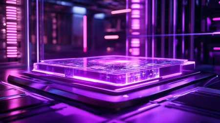 A high-tech display platform with a glowing purple base and dynamic holographic elements, surrounded by a futuristic environment with neon digital effects.の素材