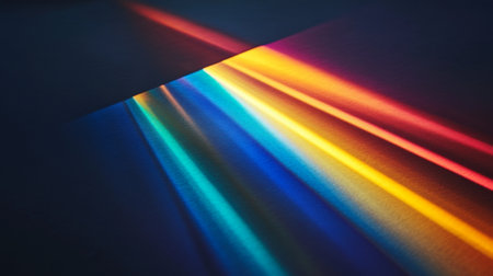 A spectrum of light passes through abstract prisms, casting soft gradients of color from blue to yellow on a smooth, glossy black surface.の素材
