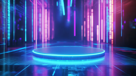 An empty, floating product pedestal with a soft blue glow and holographic base, set in a vibrant metaverse with abstract digital patterns and neon lighting.の素材