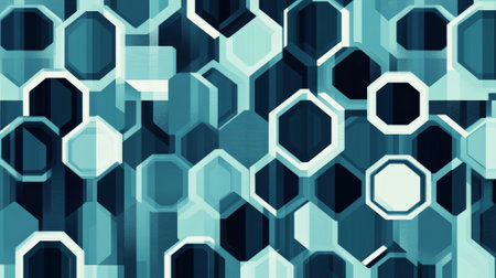 A flat geometric pattern with overlapping hexagons in varying shades of teal, navy, and light blue, arranged to create a futuristic, structural composition.の素材
