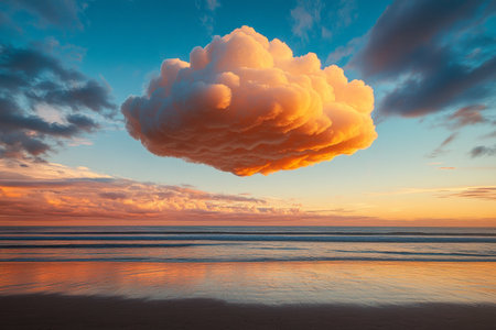 A single, enormous inflatable cloud balloon, fluffy and white, hovering just above a sandy beach. The sun is setting, casting a warm, orange glow on the cloud and creating a beautiful contrast with th .jpgの素材