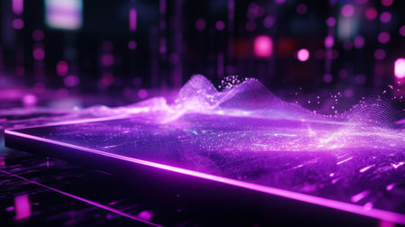 A minimalist, futuristic display platform with a transparent surface and glowing purple accents, surrounded by a high-tech metaverse with digital waves and particles.の素材