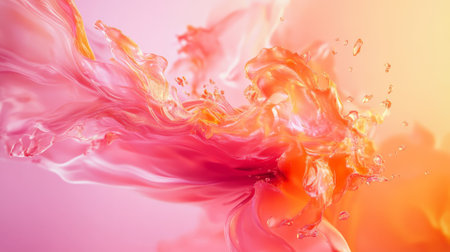 A colorful 3D splash in gradients of pink and orange, with fluid, organic shapes spreading out from the center, creating a warm and vibrant abstract background with soft transitions.の素材