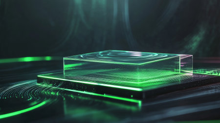 A futuristic product display with a sleek, transparent stand and glowing green highlights, floating in a digital environment with swirling holographic effects.の素材