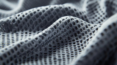 A close-up of lightweight, gray running fabric with a woven, stretchable texture. The material is folded slightly, showing its flexibility and airflow-enhancing design. The soft lighting emphasizes the small patterns in the weave.の素材