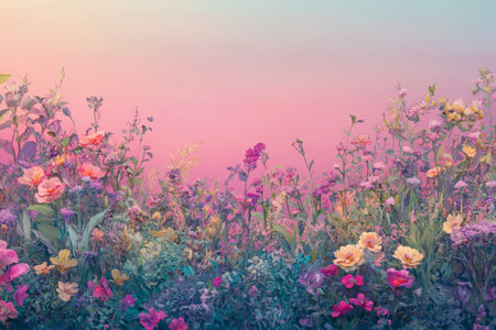 A vibrant floral garden with a gradient sky transitioning from a rich magenta at the horizon to a cool, dusky blue at the top. The flowers and foliage are subtly tinted with the gradient colors of the .jpgの素材