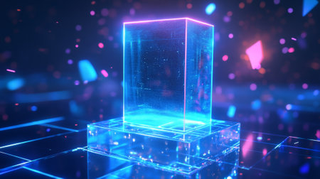 A sleek, transparent product pedestal with neon-blue accents and dynamic holographic effects, floating in a high-tech metaverse environment with abstract shapes.の素材