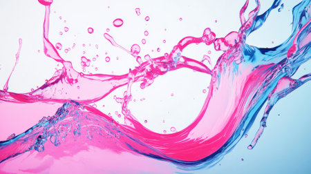 A fluid frame of neon pink and blue splashes around a clean white background, with dynamic, swirling shapes and smooth, organic transitions.の素材