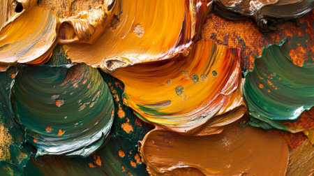 A rich oil paint texture in earthy tones of burnt orange, moss green, and golden yellow, with thick brushstrokes creating a warm, organic surface.の素材