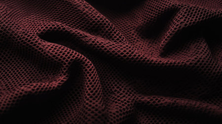 A dark maroon sports fabric with a honeycomb-like texture for ventilation. The fabric is slightly bunched in areas, creating deep shadows in the creases, with highlights catching on the raised patterns of the fabric.の素材