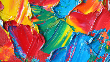 A vibrant oil paint texture with bold strokes of red, neon green, and electric blue, creating a high-energy, textured surface.の素材
