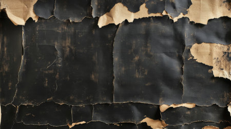 An old poster surface with ripped black paper, revealing rough and uneven edges. The texture includes peeling sections, visible creases, and grime, enhancing the grungy, weathered feel.の素材